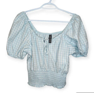 Lord & Taylor Design Lab Light Blue White Checkered Puff Sleeve Smocked Bottom M